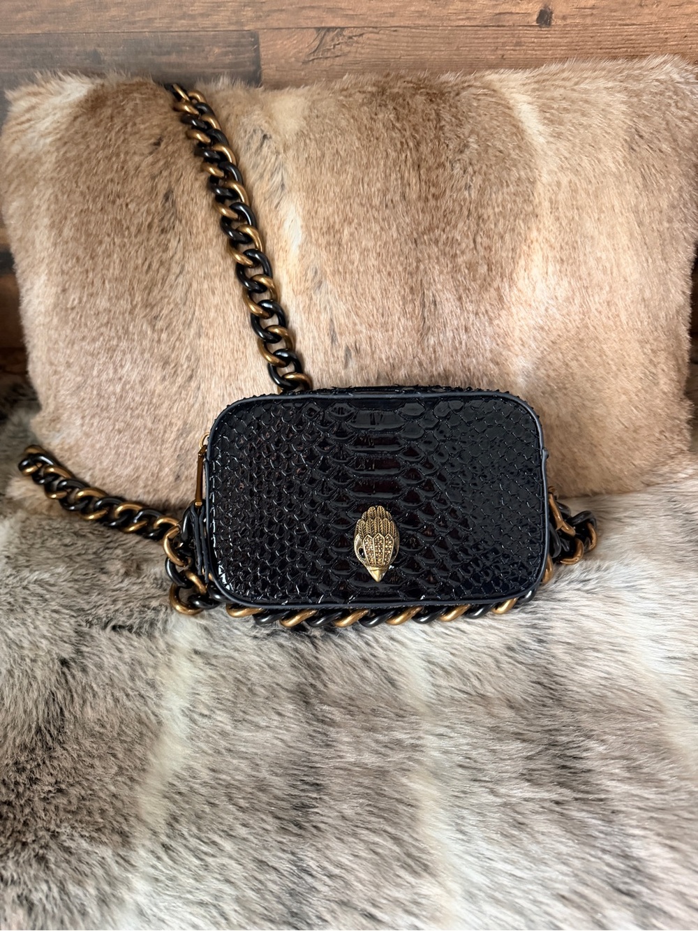 Kurt Geiger Black Embossed Crossbody with Gold Hardware